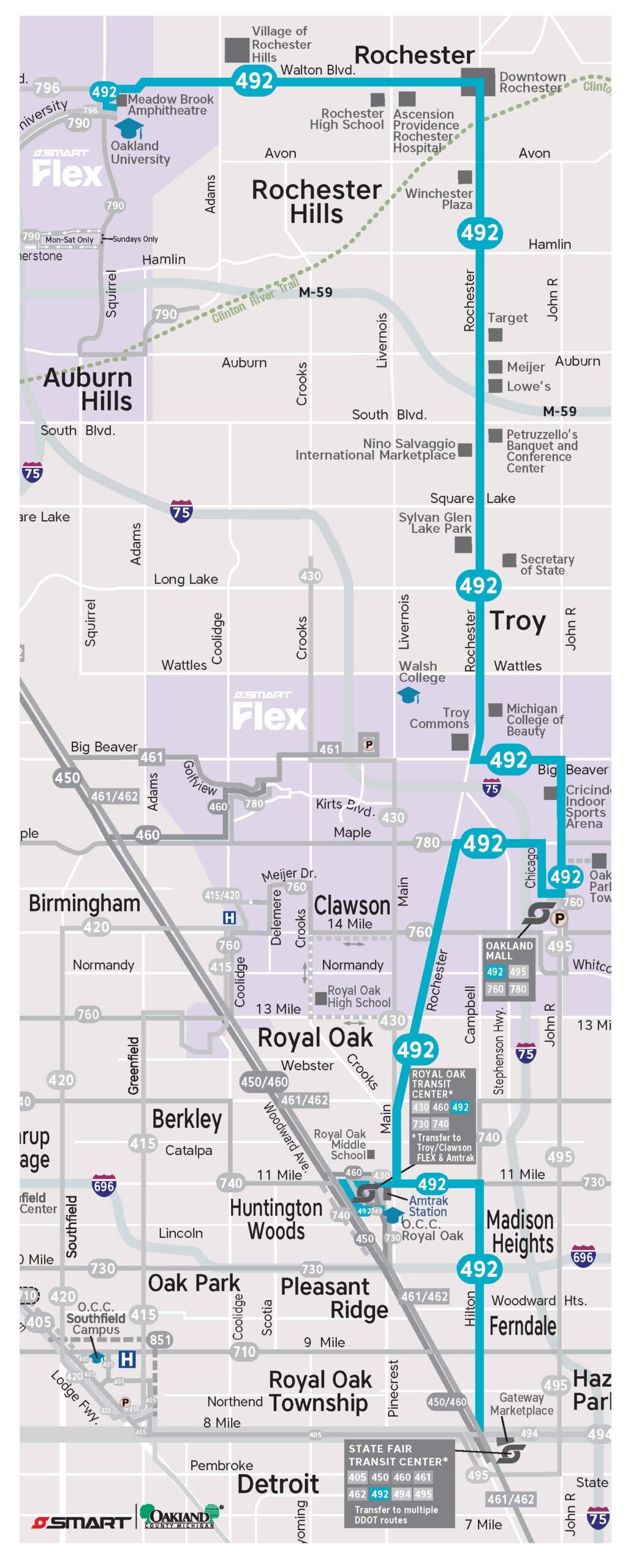 Map of Route 492 connecting major points in Rochester, offering insight into local transit and biking corridors.