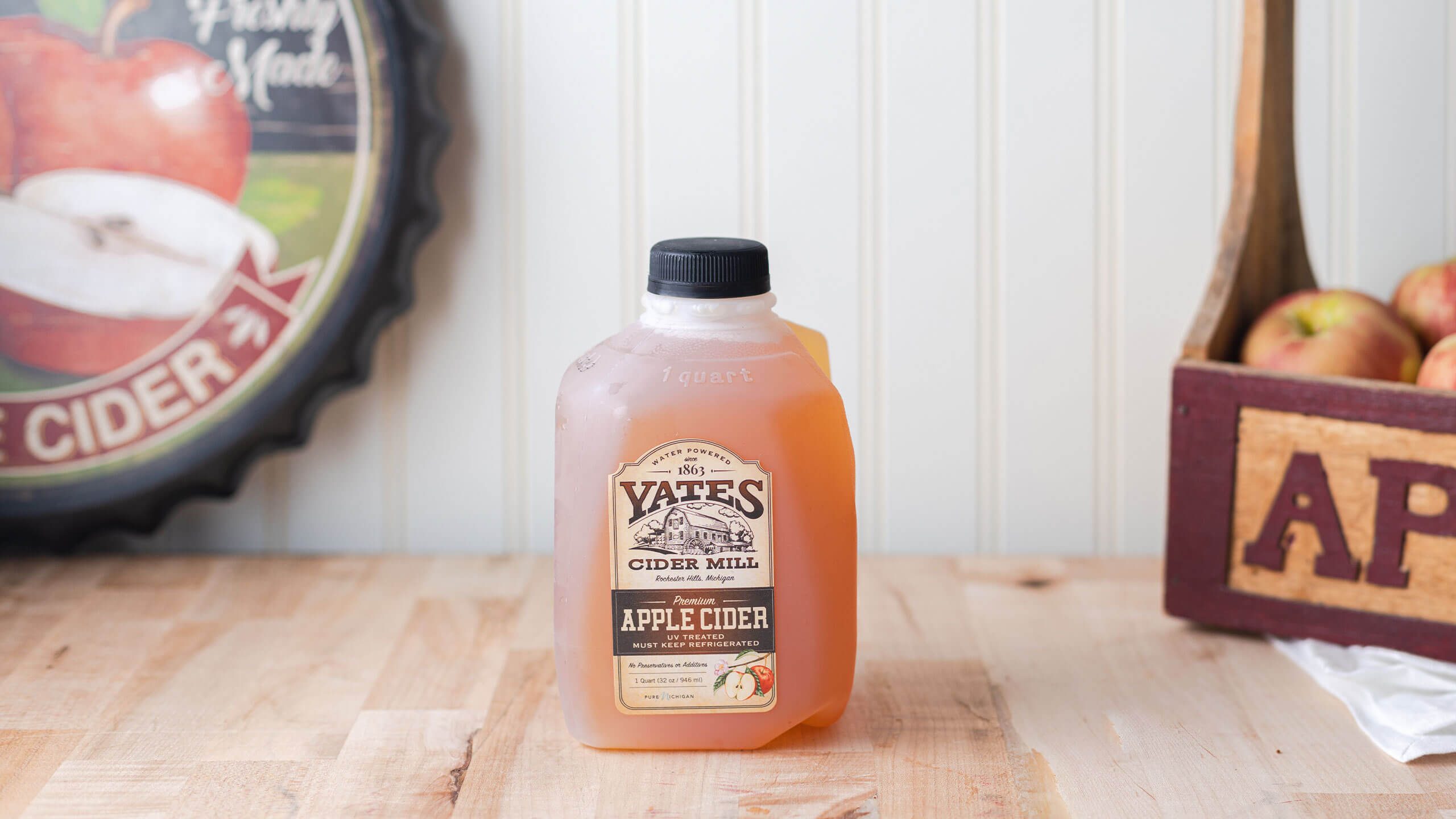 Fresh-pressed cider served at Yates, a signature taste of the mill.